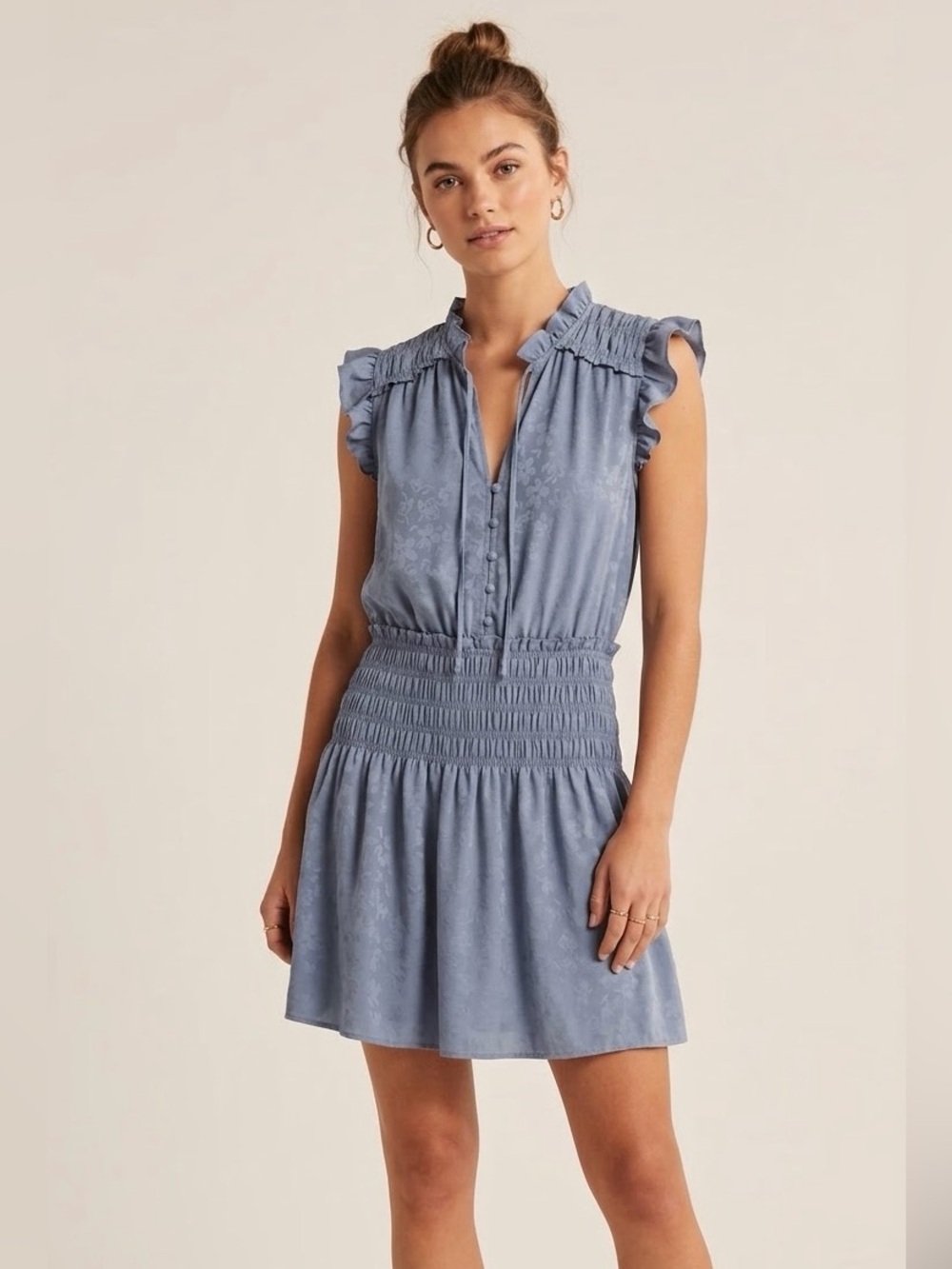 Current Air Los Angeles Blue Floral Jacquard Flutter Sleeve Smocked Mini Dress M